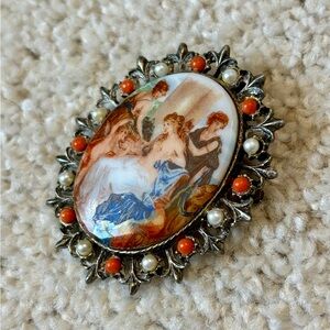 Vintage porcelain Greco-Roman brooch pin with coral and faux pearl accents